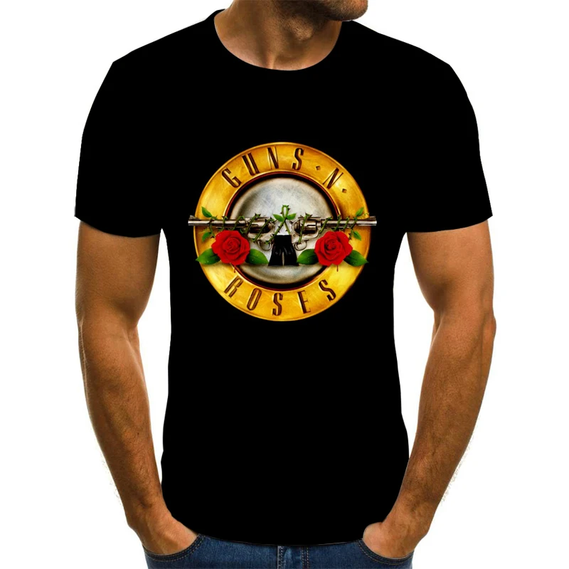 Nova Moda Punk Camiseta Guns N Roses T-Shirt dos Homens de Preto Camiseta Heavy Metal Tops 3D Arma Rose de Impressão Vestido de Hip Hop Tees S-5XL