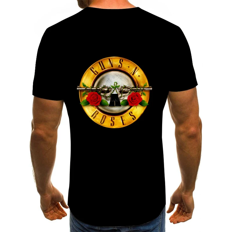 Nova Moda Punk Camiseta Guns N Roses T-Shirt dos Homens de Preto Camiseta Heavy Metal Tops 3D Arma Rose de Impressão Vestido de Hip Hop Tees S-5XL