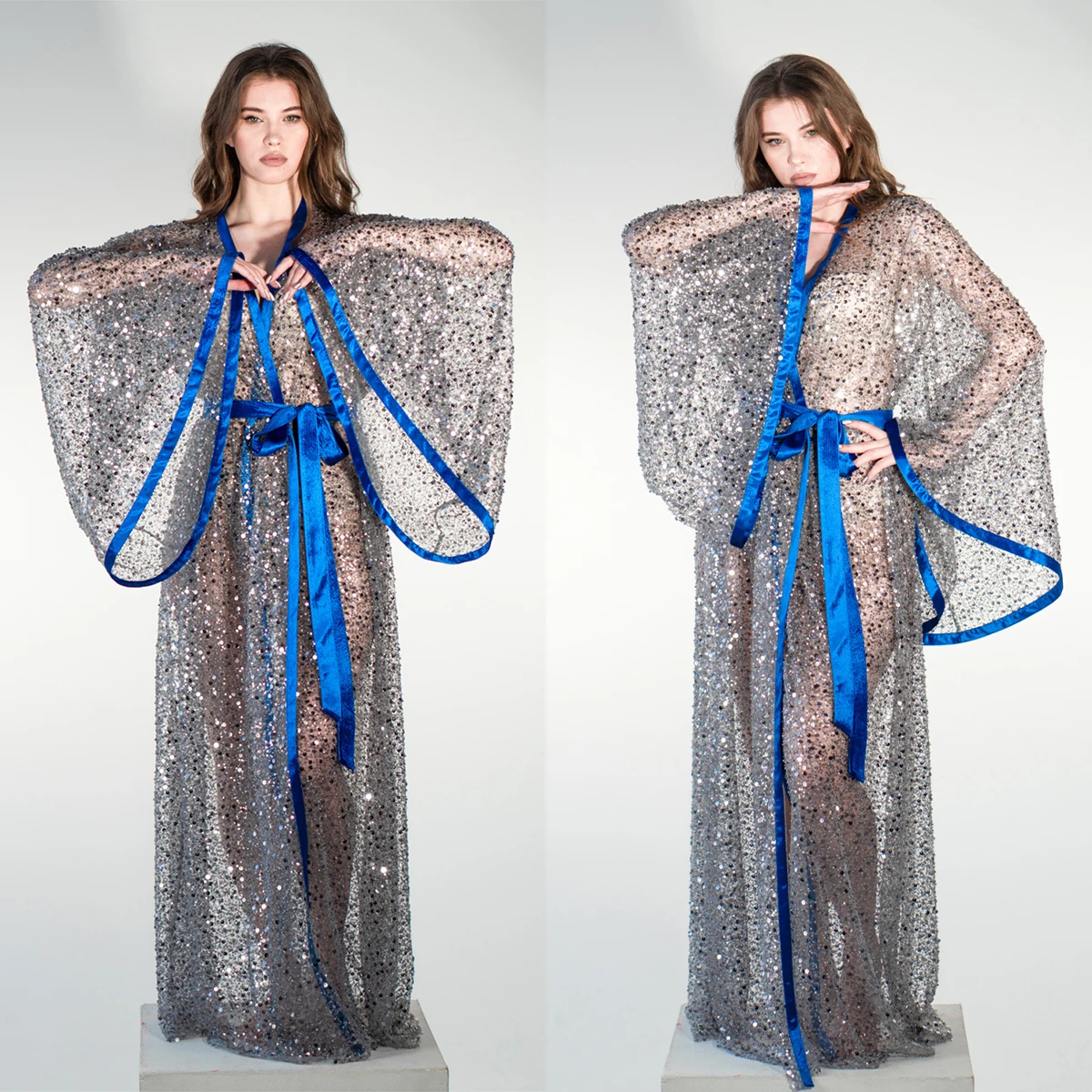 Sexy Lllusion Noite-Túnica Elegante Brilho Lantejoulas Mulheres Pijama Com Pagode Manga Cinto Azul Housecoat Roupa De Tamanho Personalizado