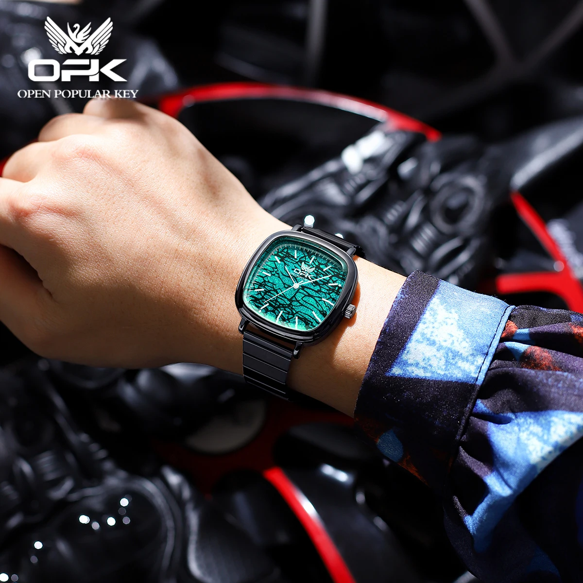 OPK Moda Originalidade dos Homens Relógio de Quartzo Impermeável Luminosa aço Inoxidável Pulseira Azul relógio de Pulso Praça Mostrador do Relógio masculino