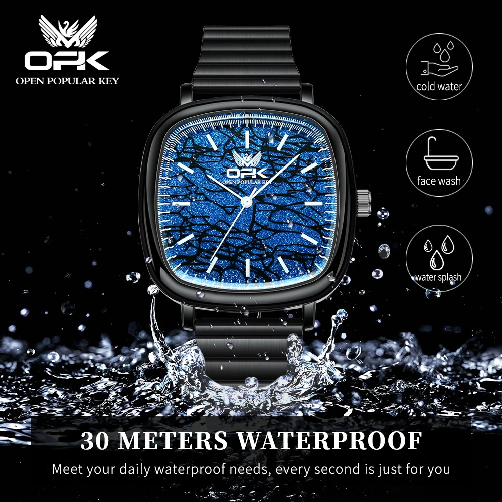 OPK Moda Originalidade dos Homens Relógio de Quartzo Impermeável Luminosa aço Inoxidável Pulseira Azul relógio de Pulso Praça Mostrador do Relógio masculino