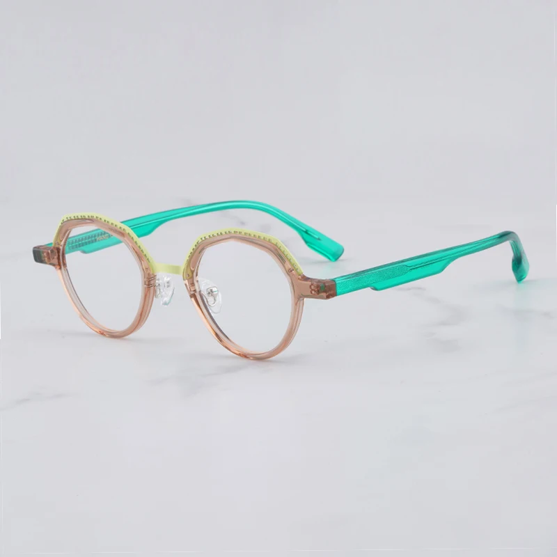 2023 Novo Chegar Vintage Óculos Redondos Quadro de Homens Tons Nicho de Mão de Artesanato em Patchwork Marrom vs Verde Acetato de Óculos Mulheres