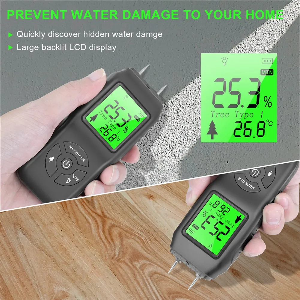 Digital Medidor de Umidade de Água, Detector de Vazamento de Umidade Testador Pin Tipo de Display LCD Retroiluminado Umidade da Madeira Testador