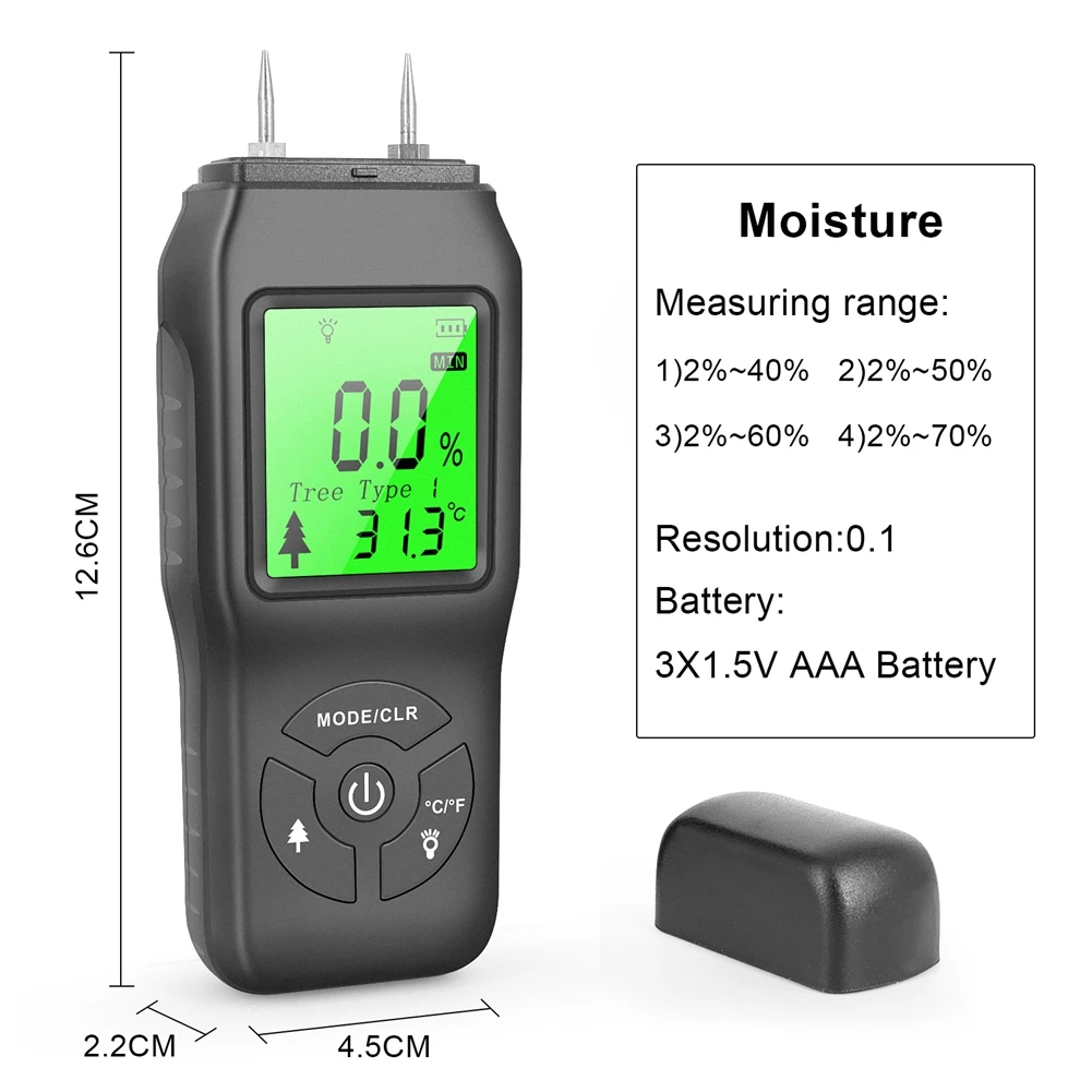 Digital Medidor de Umidade de Água, Detector de Vazamento de Umidade Testador Pin Tipo de Display LCD Retroiluminado Umidade da Madeira Testador