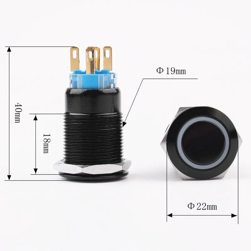 19mm DIODO emissor de Alumina preto anel de luz de botão de pressão sem fixação impermeável momentânea botão do interruptor de Travamento