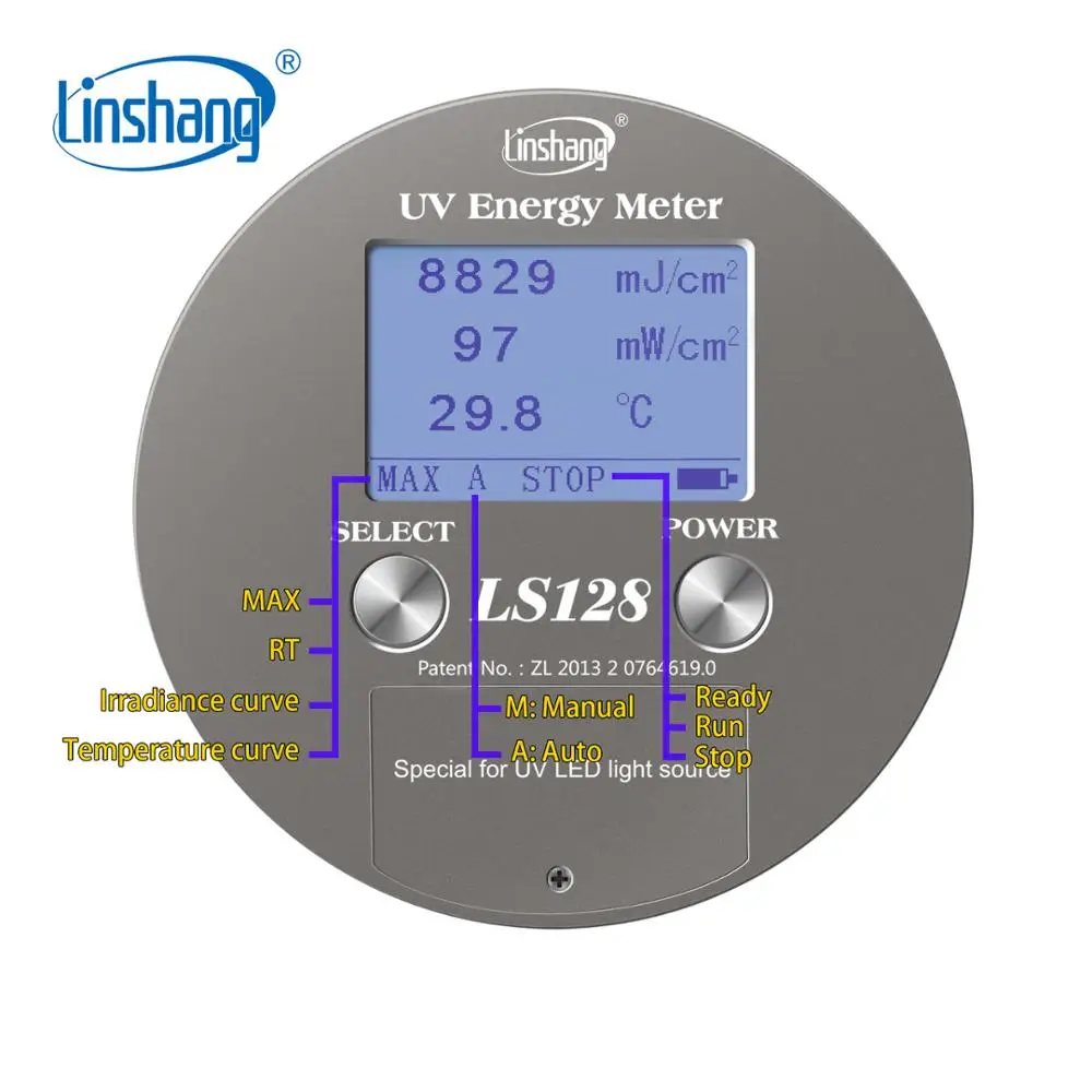 Linshang UV Medidor de Energia UV Poder Puck Integrator para 340nm a 420nm DIODO emissor de luz UV de secagem UV, com Poder de Temperatura da Curva de Energia LS128