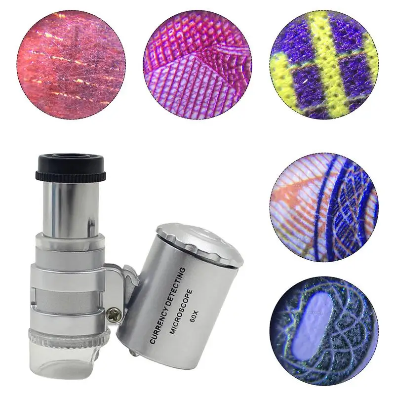 60x de Bolso Mini Microscópio Com Luz de LED Portátil Jóias lupa Lupa Para Artesanato de Jóias de Diamante Gema Moedas Moeda