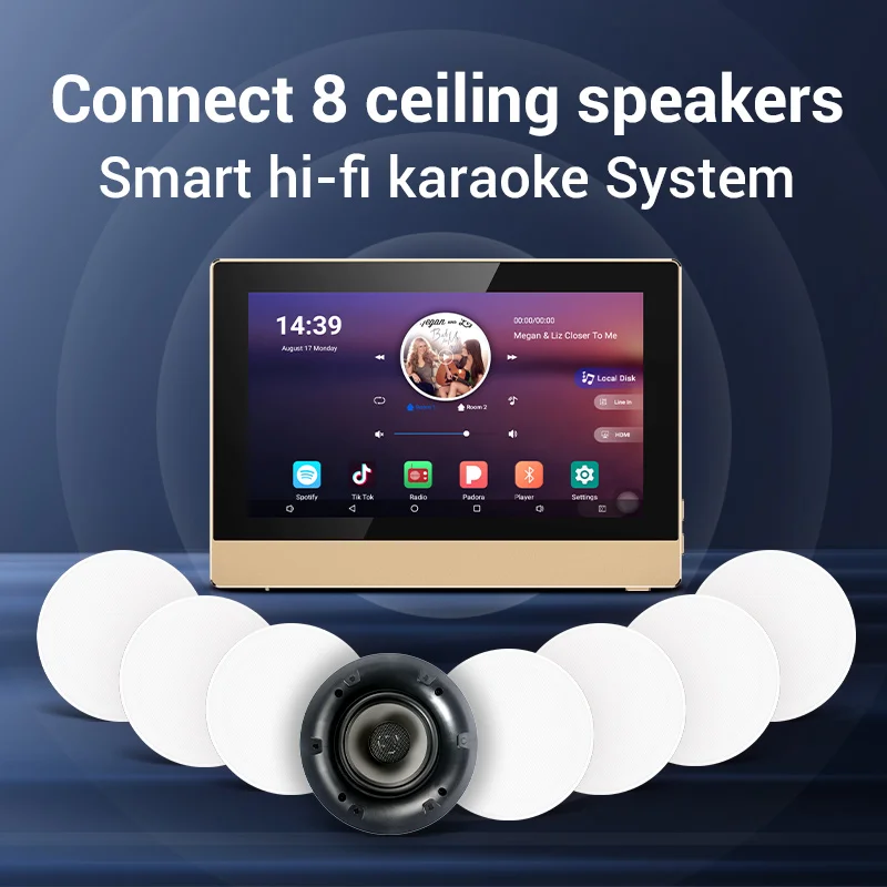 Casa inteligente Sistema de Som Tela de Toque WiFi Família Karaoke Parede Amplificador com 8 Estéreo alto-Falantes de Teto