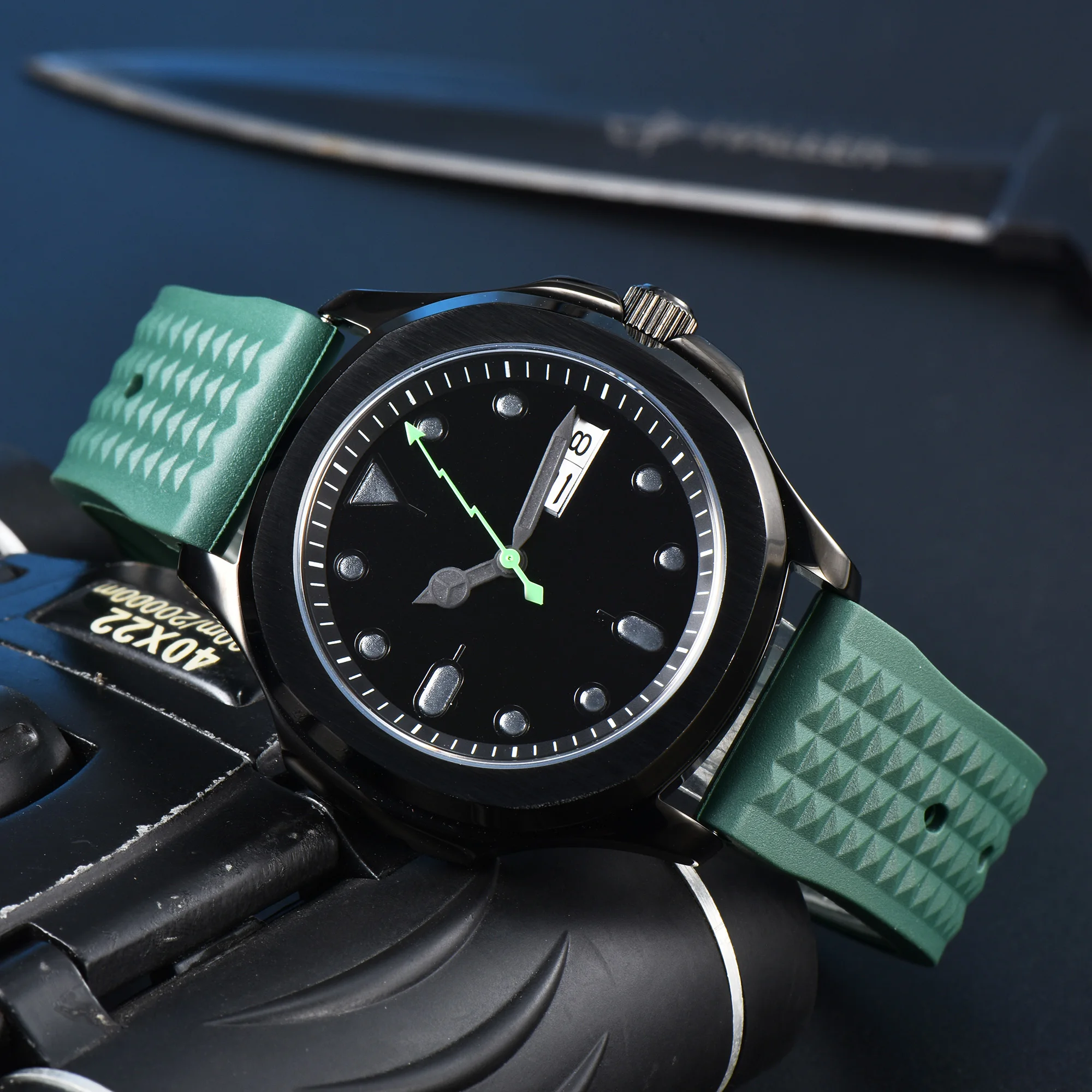 DEBERT Automática NH35A movimento de Homens de Negócios assistir 40mm preto Estéril marcação de data de Borracha verde faixa de relógio de aço inoxidável relógio