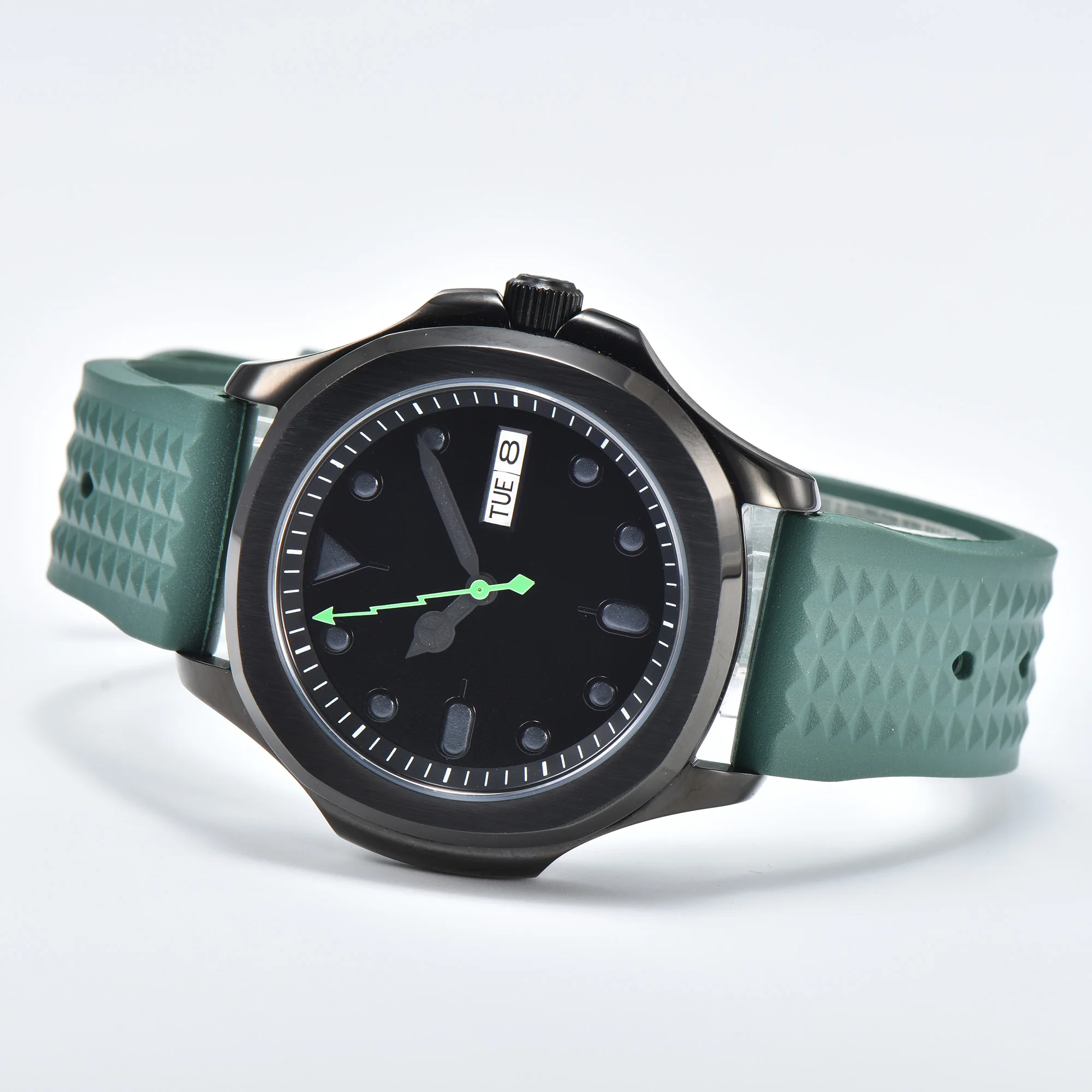 DEBERT Automática NH35A movimento de Homens de Negócios assistir 40mm preto Estéril marcação de data de Borracha verde faixa de relógio de aço inoxidável relógio