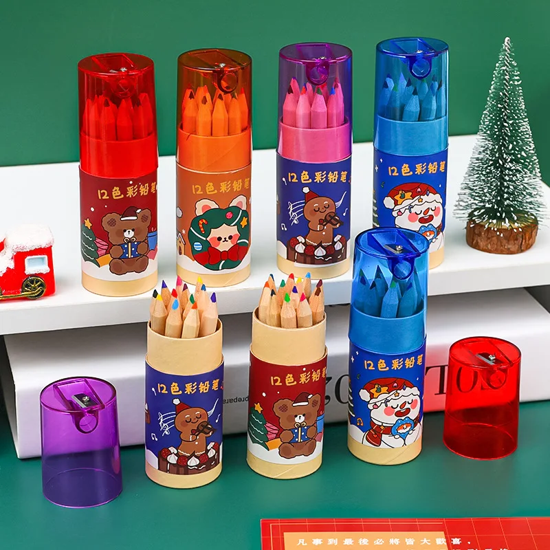 12 Cores Lápis De Desenho Desenhos Animados De Natal Da Escola Elementar Lápis De Desenho De Presente De Natal Tubo Colorido Conjunto De Lápis De Presente De Aniversário