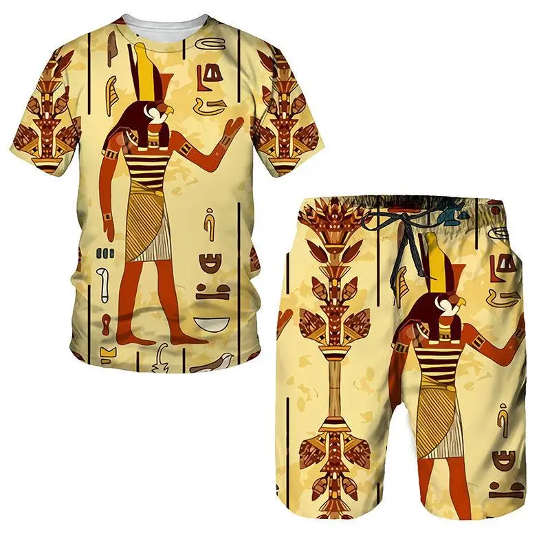 Verão de Homens Conjunto Casual Manga Curta T-Shirt Terno do Vintage 3D estilo Egípcio Top de grandes dimensões Shorts Respirável Rua Treino