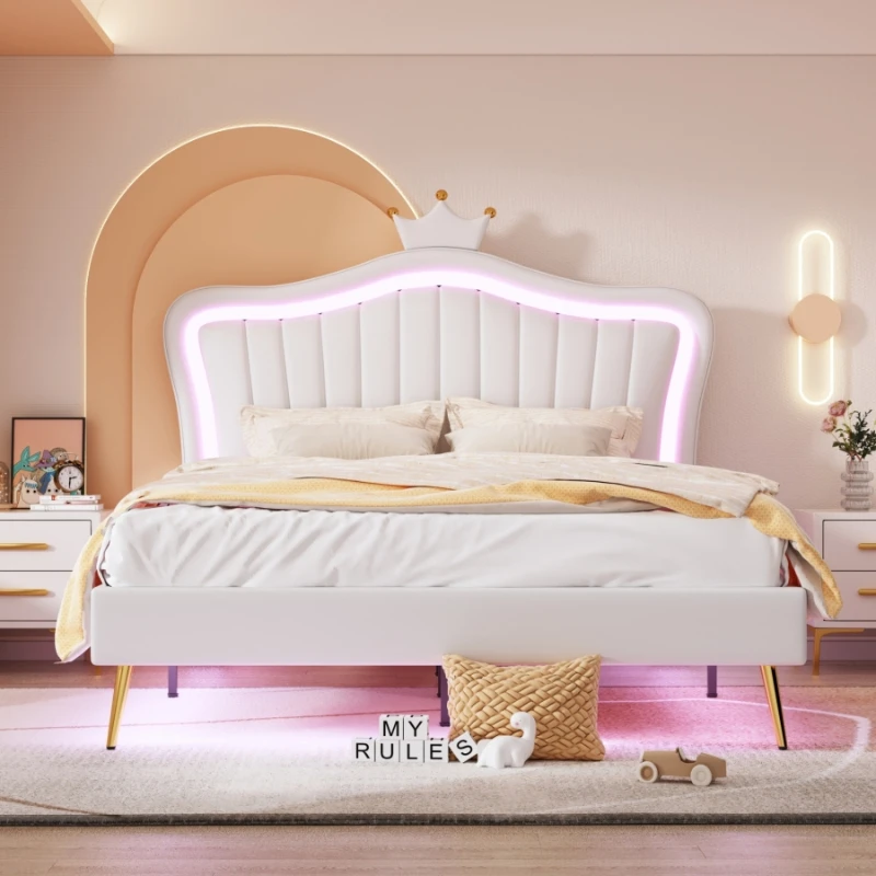 Cama,Princesa Cama,Moderno Comfrotable Cama Estofada estrutura com Luzes de LED e a Coroa de Design Cabeceira,para o quarto