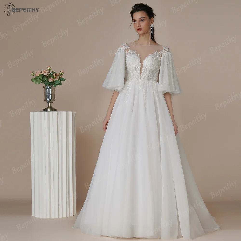 BEPEITHY Marfim Boho Glitter Vestidos de Noiva Para Mulheres de Meia Flare Mangas A Linha de Piso Comprimento Noiva Moderna Vestido de Noiva 2023 Manto