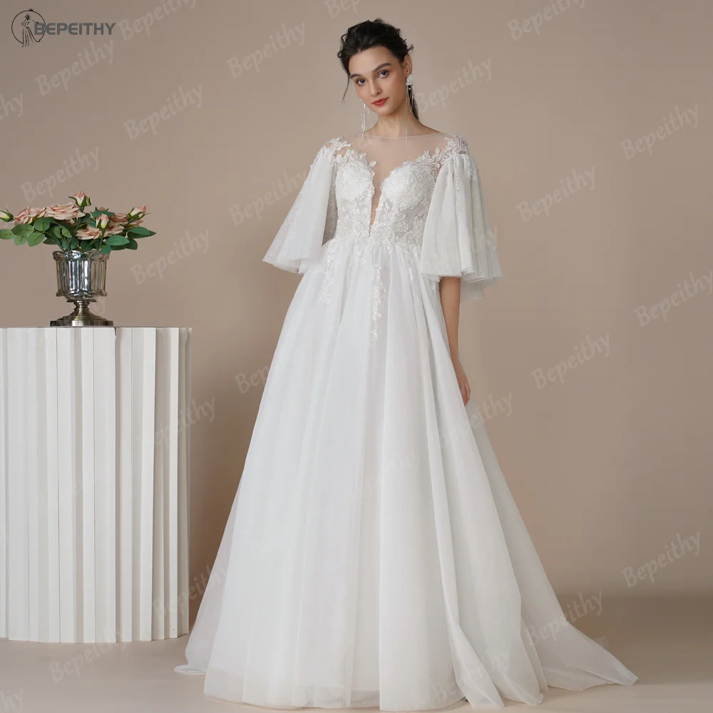 BEPEITHY Marfim Boho Glitter Vestidos de Noiva Para Mulheres de Meia Flare Mangas A Linha de Piso Comprimento Noiva Moderna Vestido de Noiva 2023 Manto