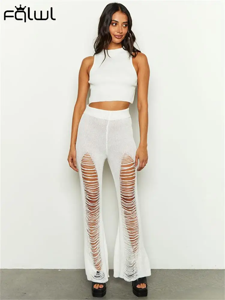 FQLWL Moda Verão Branco Ocos Calça Para Mulheres De 2023 Y2k Streetwear Cintura Alta de Ver Através da Calça Causal Férias Calça Slim