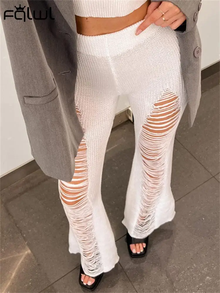 FQLWL Moda Verão Branco Ocos Calça Para Mulheres De 2023 Y2k Streetwear Cintura Alta de Ver Através da Calça Causal Férias Calça Slim