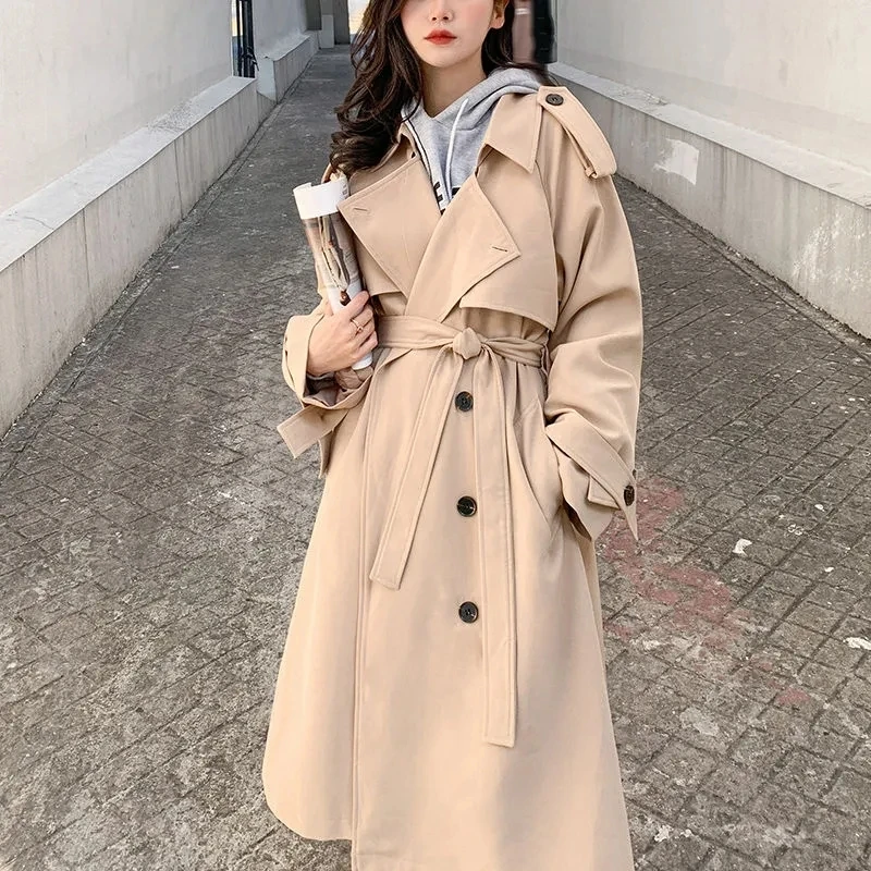O coreano Comprimento Médio das Mulheres Casaco Com Cinto Bege, Cáqui Primavera Elegante Lapela de abotoamento Duplo Manga Longa Feminina Blusão