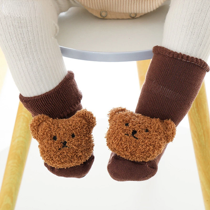 Inverno Boneca do Bebê do Urso Meias Anti-derrapantes de Crianças Piso Aquecido Crianças Malha Socken para Meninas Meninos Bebê Recém-nascido Engrossado Terry Socken