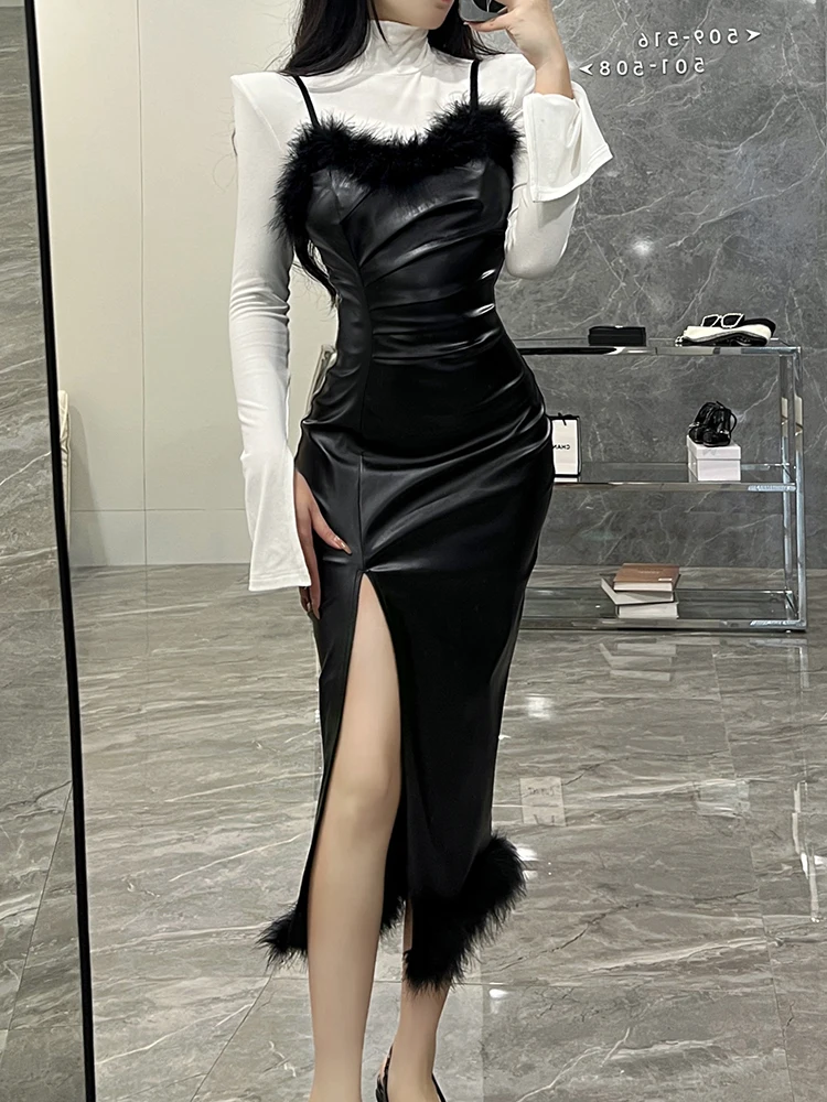sexy, mas bonito gola de pele de couro, vestido com suspensórios para as mulheres da primavera pena de costura preto picante menina dividir vestidos de Túnica