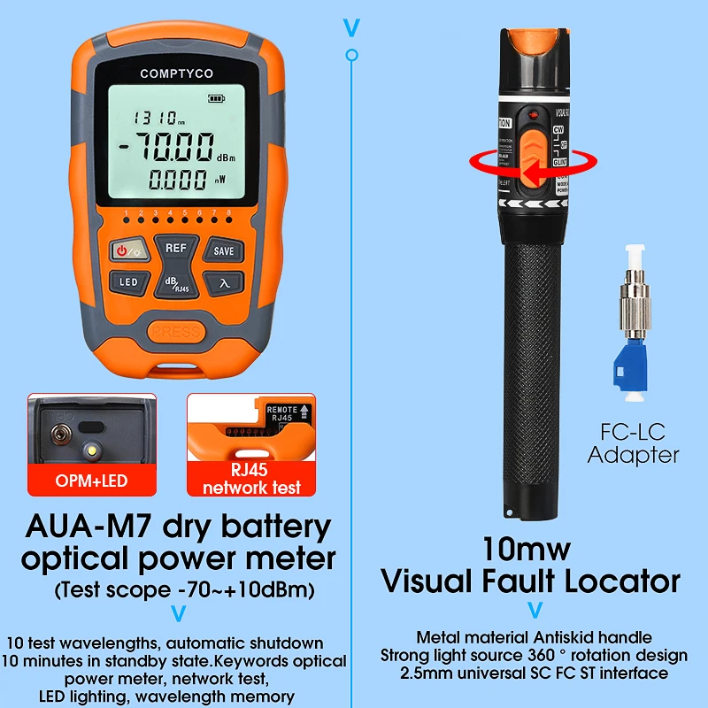 COMPTYCO AUA-M7/M5 Medidor de Potência Óptica de 10mw Visual Fault Locator e AUA-71S Fibra Cutelo de Fibra Óptica FTTH Kit de ferramentas