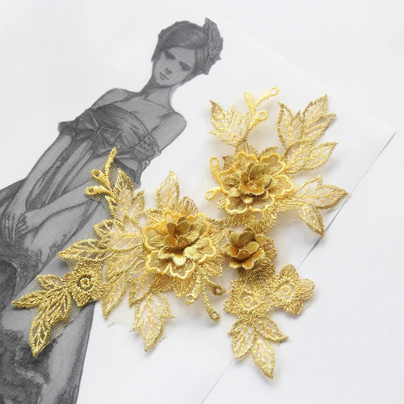 Nordic Apliques de Renda Tecido Costura Frisado 3D de Bordado de Flores Applique Guarnição Acessórios Com Rendas Para o Vestido de Casamento 19*15cm