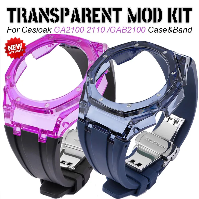 NOVO Transparente Casioak Mod Kit para GA2100 Substituição Caso de PC, Alça para Casio GA-2100 2110 Relógio de Borracha da Banda de Fivela de Metal