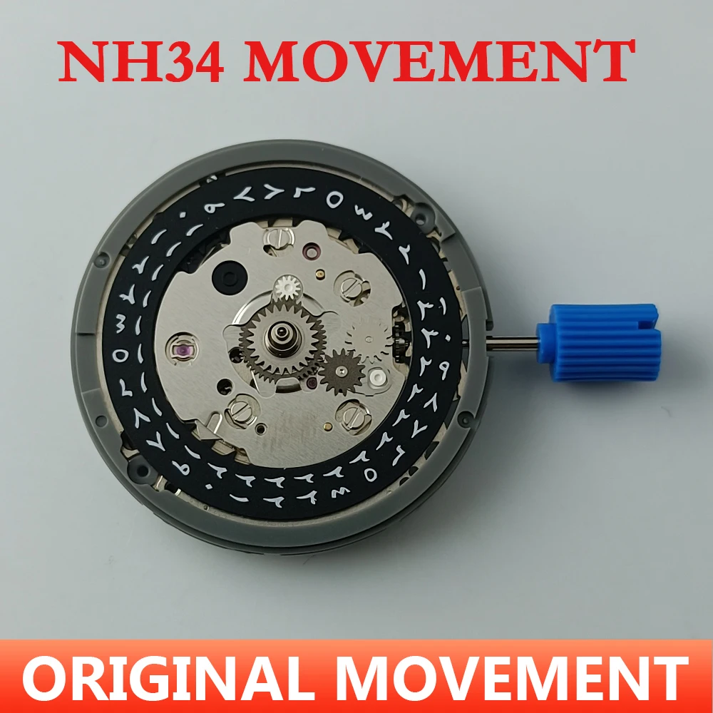 NH34 numerais Romanos Automática Movimento Negro GMT 24 Horas Mãos de Peças Originais NH34A Data em 3.0 de Alta Precisão do Mecanismo de
