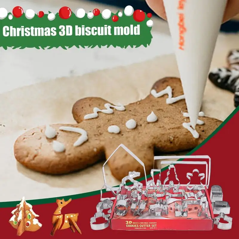 Inverno Cortador de Biscoito Cookie Cutter Diy de Pastelaria, Decoração de Biscoitos Molde Cookie Carimbo 3D do desenho animado Casa de pão de Gengibre Inoxidável, Aço de Molde