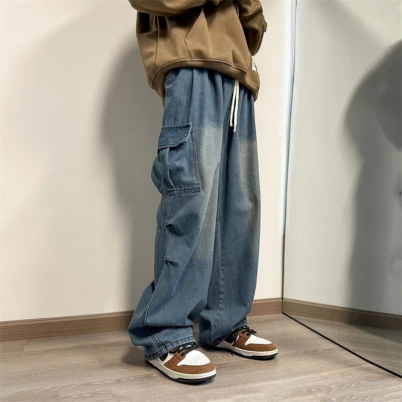 Azul Jeans Folgada Com Homens De Grandes Dimensões Retro Bolso De Calça Jeans Homens Japoneses Streetwear Hip Hop Solta Grande Perna De Brim De Mens Calças Jeans