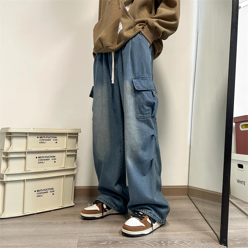 Azul Jeans Folgada Com Homens De Grandes Dimensões Retro Bolso De Calça Jeans Homens Japoneses Streetwear Hip Hop Solta Grande Perna De Brim De Mens Calças Jeans