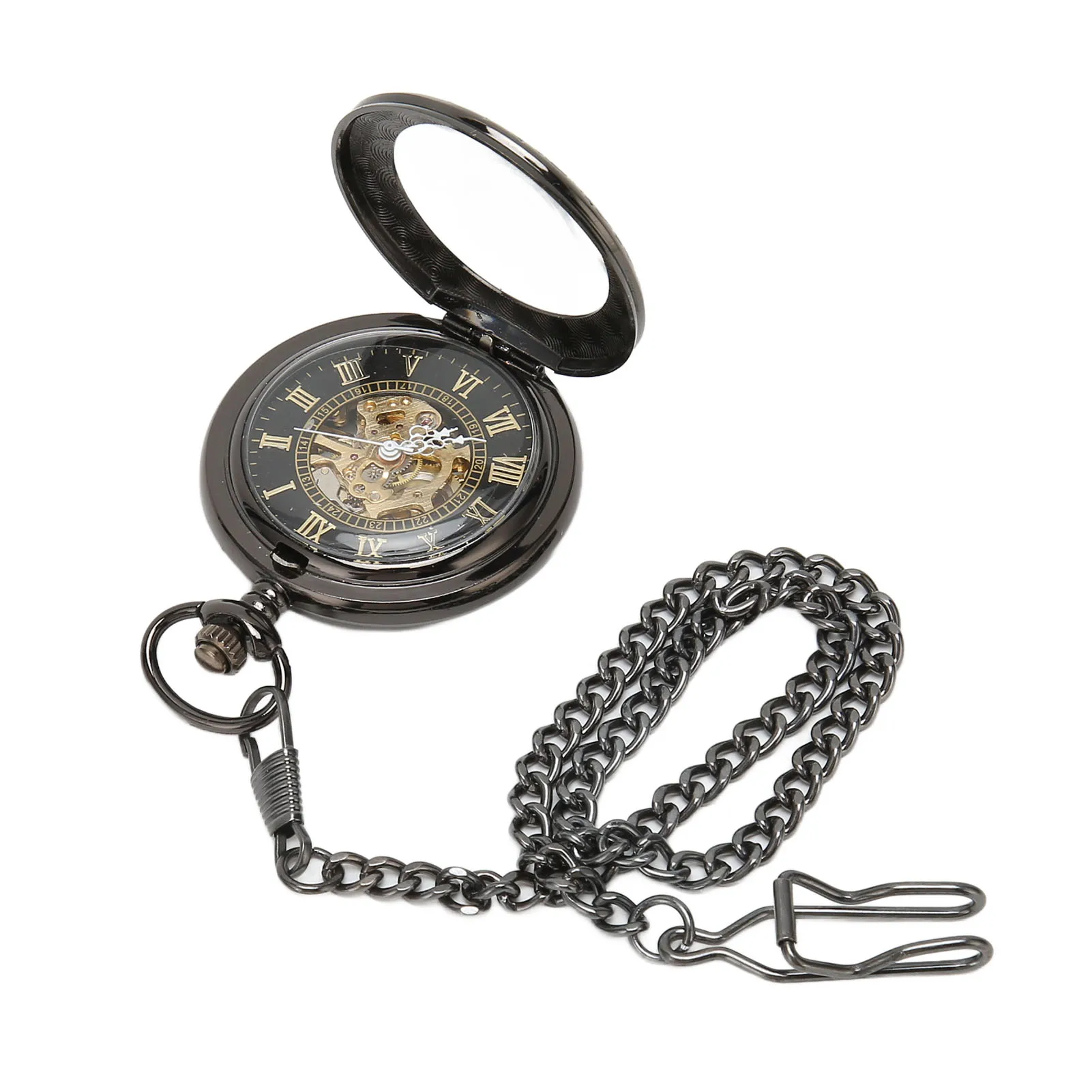 Esqueleto Pocketwatch Movimento Mecânico Vintage Esqueleto Relógio de Bolso Numerais Romanos Caso Dobro para Aniversário