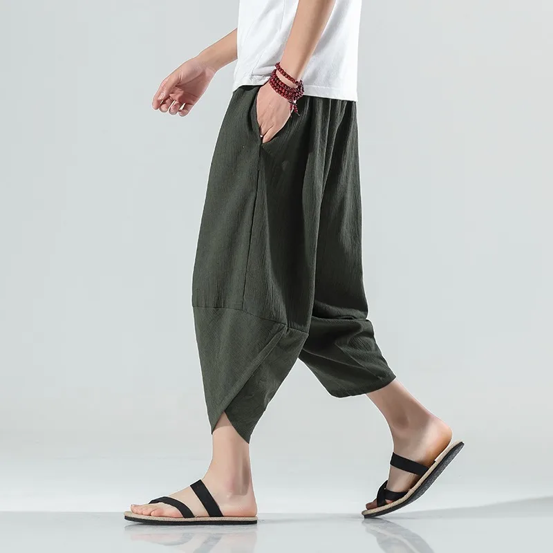 2023 Verão Harajuku Bezerro Comprimento Casual Calças dos Homens de Perna Larga Roupa de cama de Algodão Harém Calças Largas Moda Vestuário para homem