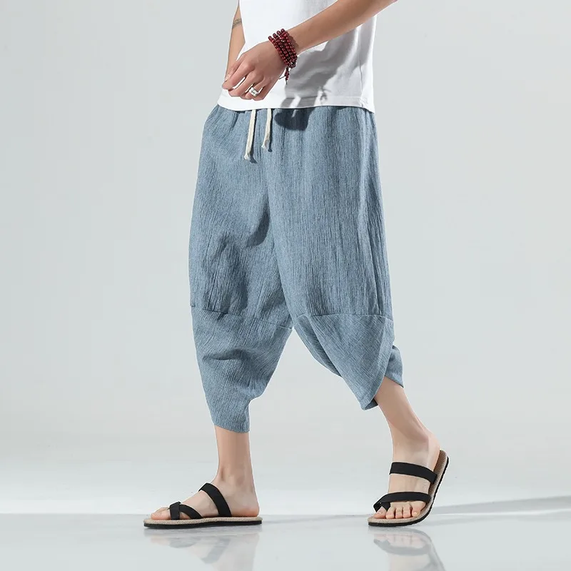 2023 Verão Harajuku Bezerro Comprimento Casual Calças dos Homens de Perna Larga Roupa de cama de Algodão Harém Calças Largas Moda Vestuário para homem