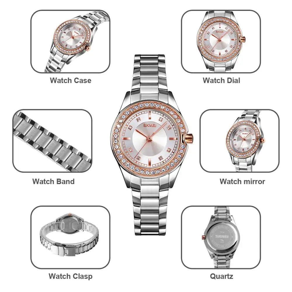 SKMEI 1534 Senhora Impermeável Mulheres Relógio de Quartzo do aço Inoxidável Pulseira de Moda Inovadora Diamond Girl Relógios de pulso Relógio reloj mujer