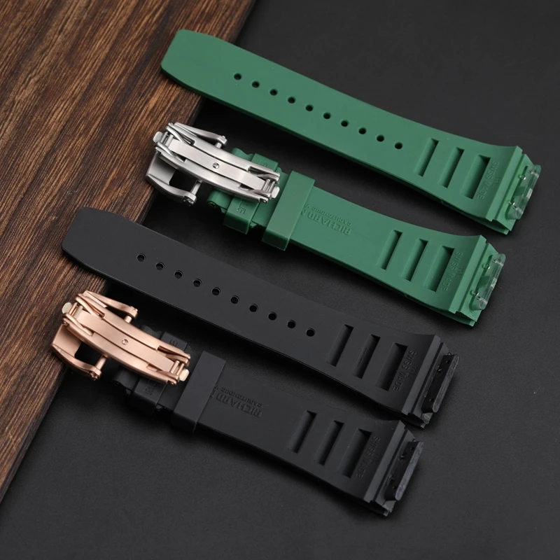 De Aço Inoxidável sólido Dobra Fivela de Silicone Correia de Relógio Richard Mille para os Homens, Multicoloridos 20x25mm Durável Macio Watchbands