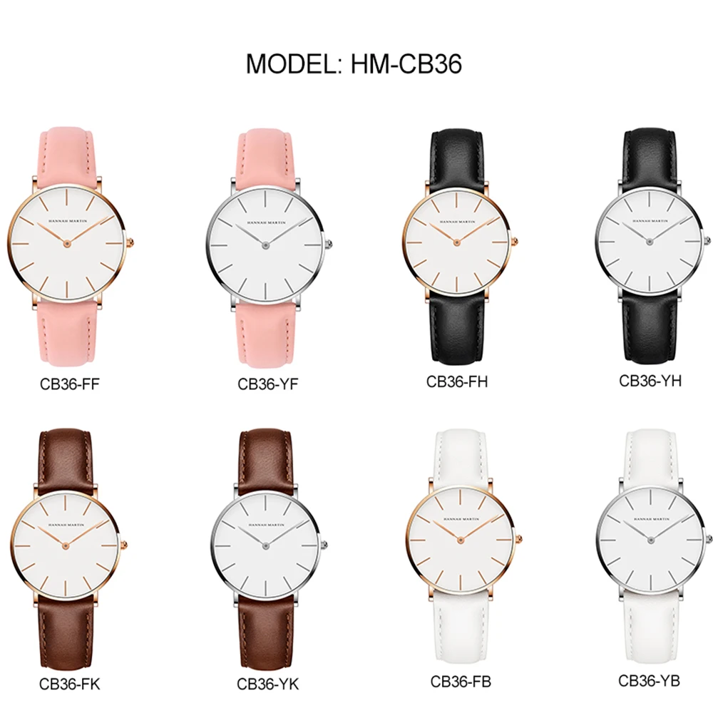 Hannah Martin de Quartzo de Japão Mulheres Simples Moda, Relógio Pulseira de Couro Branco Senhoras Relógios de Pulso da Marca Impermeável relógio de Pulso 36mm