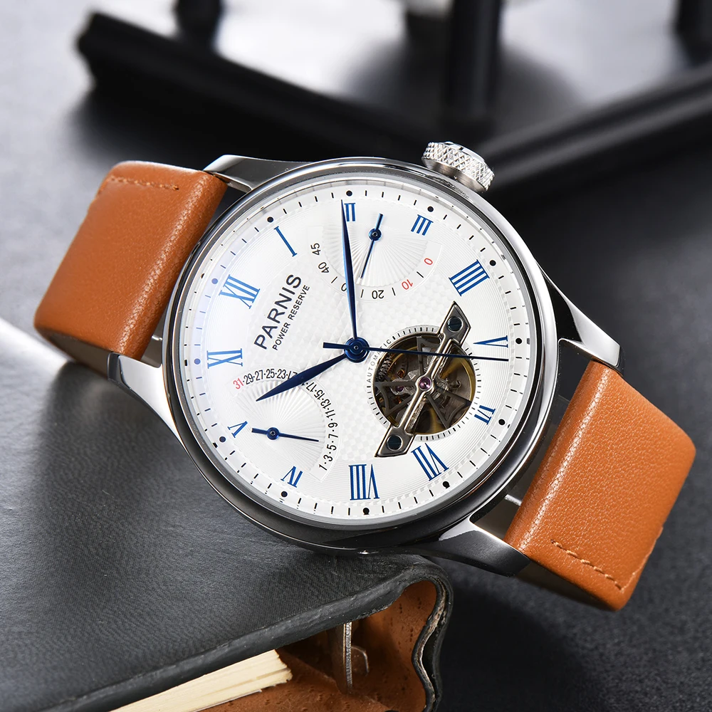 Moda Parnis 43mm Branco Mostrador Mecânico Automático dos Homens Relógios Pulseira de Couro Calendário Azul Escala de relógios Para Homens reloj hombre