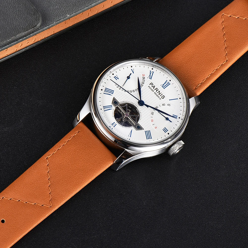 Moda Parnis 43mm Branco Mostrador Mecânico Automático dos Homens Relógios Pulseira de Couro Calendário Azul Escala de relógios Para Homens reloj hombre