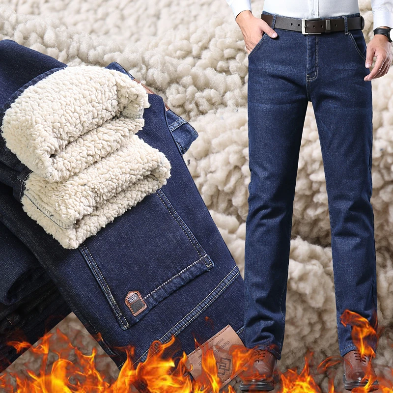 Inverno de Lã Sherpa Jeans para Homens Grosso Business Casual Reto Clássico Calças Masculinas de Pelúcia Lã, Veludo Azul Pretas do Denim, Calças de