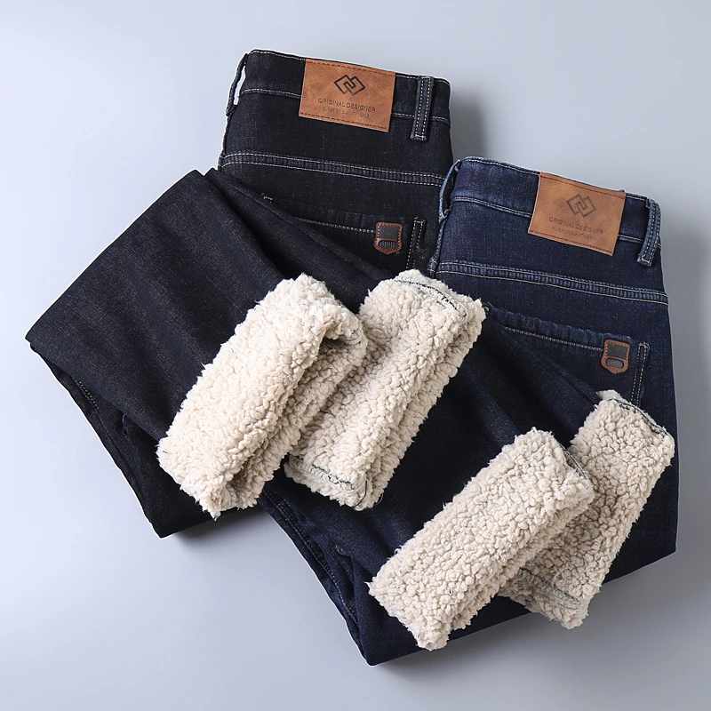 Inverno de Lã Sherpa Jeans para Homens Grosso Business Casual Reto Clássico Calças Masculinas de Pelúcia Lã, Veludo Azul Pretas do Denim, Calças de