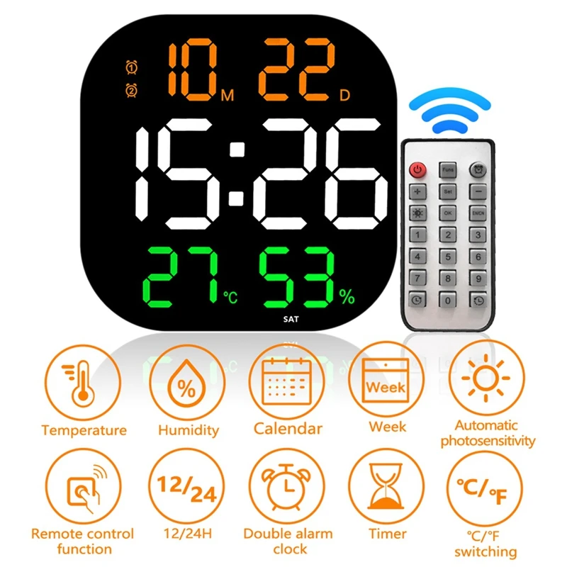 13 polegadas Relógio de Parede Brilho Ajustável de Controle Remoto LED Relógio Digital Eletrônica de Dupla Relógio Despertador Decoração de Sala de estar