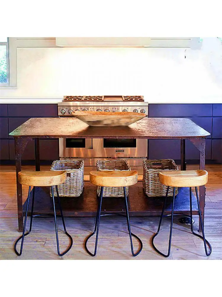 Madeira maciça bar fezes alta de ferro forjado, ferro de fezes moderno e minimalista moda casa criativa sala de lazer banquinho de bar