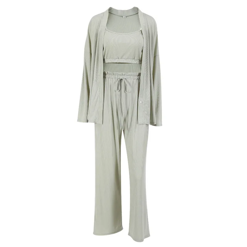 Senhoras Pijama Conjunto de 3Pcs Cardigan+Camisole+Calças de Pijama, Roupa de Mulher roupa de dormir Primavera Verão Conforto Solta Homewear