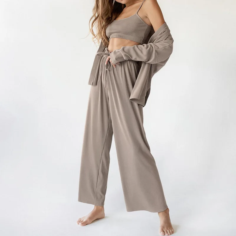 Senhoras Pijama Conjunto de 3Pcs Cardigan+Camisole+Calças de Pijama, Roupa de Mulher roupa de dormir Primavera Verão Conforto Solta Homewear