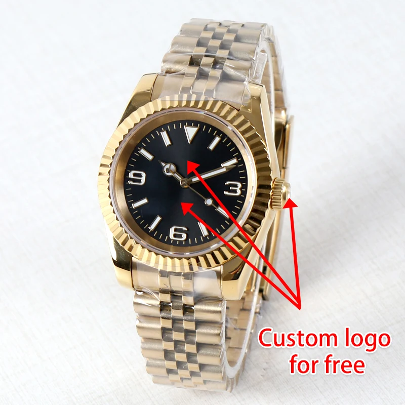 Logotipo personalizado 36mm/39mm NH35 Relógio de Luxo Preto 369 de Discagem Automática de Movimento Impermeável relógio de Pulso de Ouro Mão Caso de Cristal de Safira