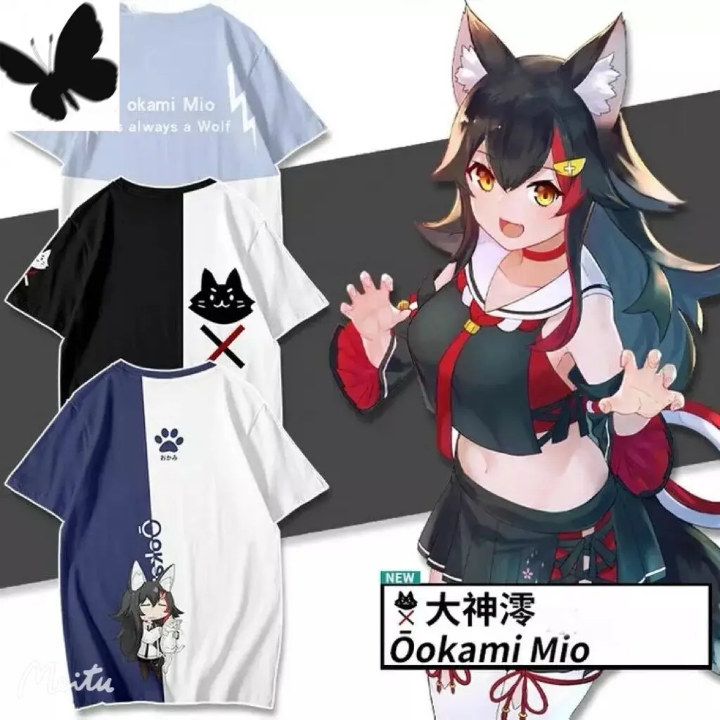 2022 NOVO VTuber Ookami Mio de Impressão 3D, T-shirt de Verão, Moda Gola Redonda, Manga Curta Popular Japonês Streetwear