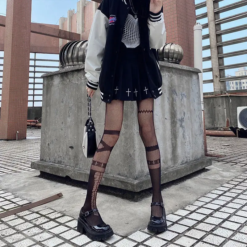 Gothic Lolita Meninas Assimétrica AB Estilo Meias Arrastão Mulheres Sexy Cruz, Patchwork Padrão de Malha meia-Calça Japão Punk Gótico de Meias