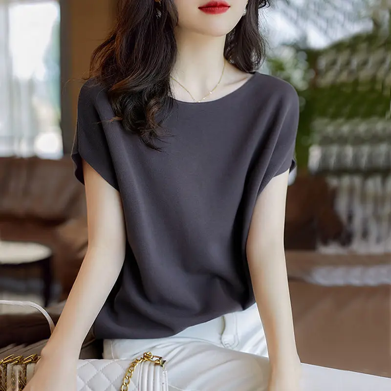 Moda Cor Sólida de Malha Solta coreano T-Shirt de Roupas femininas 2023 Primavera Casuais Novo 