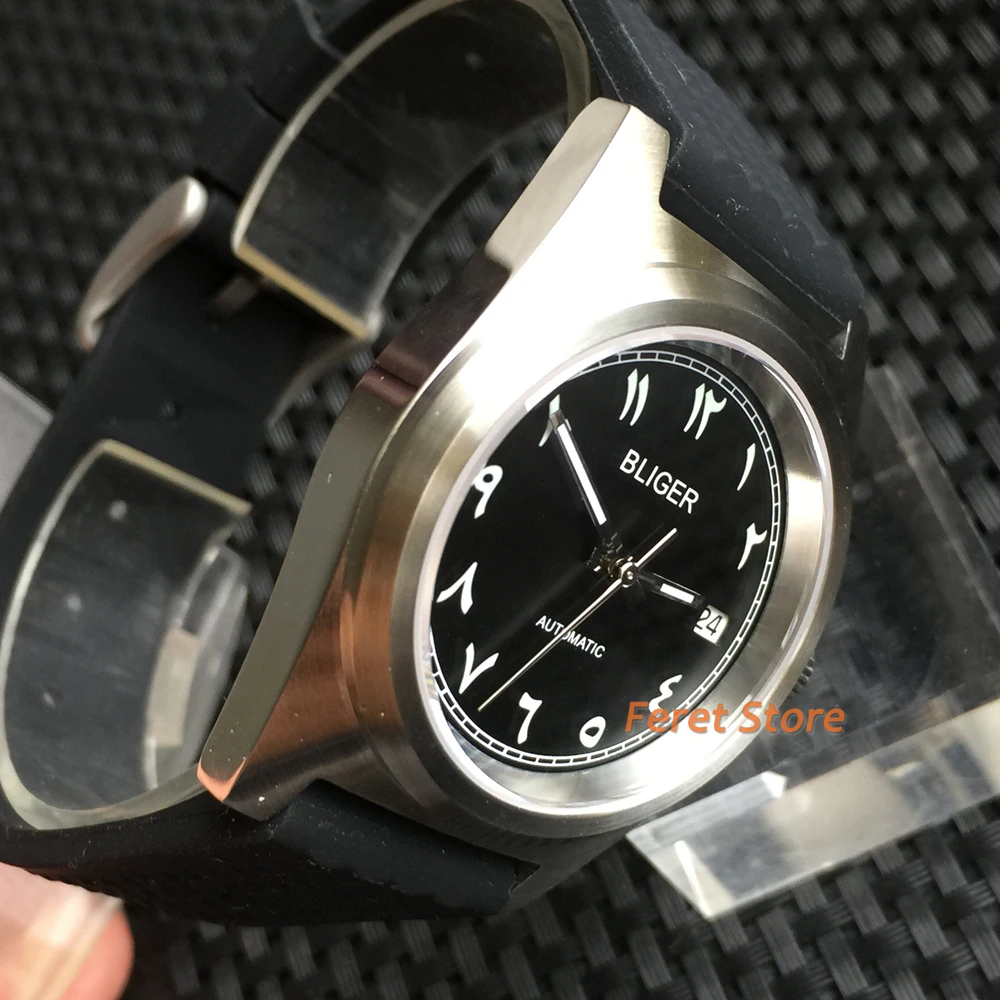 BLIGER 38mm Relógio de forma NH35A Movimento do Relógio de Cristal de Safira Automático Homens Relógio de Curvas Pulseira em Borracha Mostrador Preto